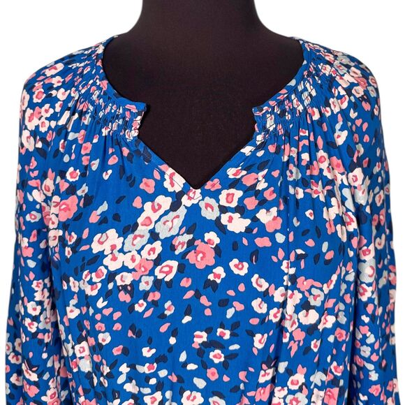 Talbots Womens Dress PL Blue Pink Floral Midi V-Neck Smocked Cottagecore Pockets - Picture 4 of 10